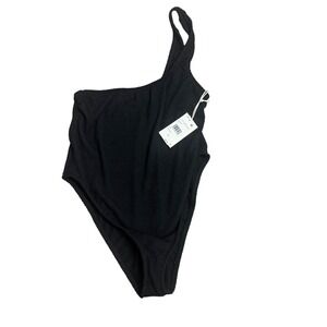 Good American One‎ Shoulder Swimsuit Black Textured Size 5/6 NWT